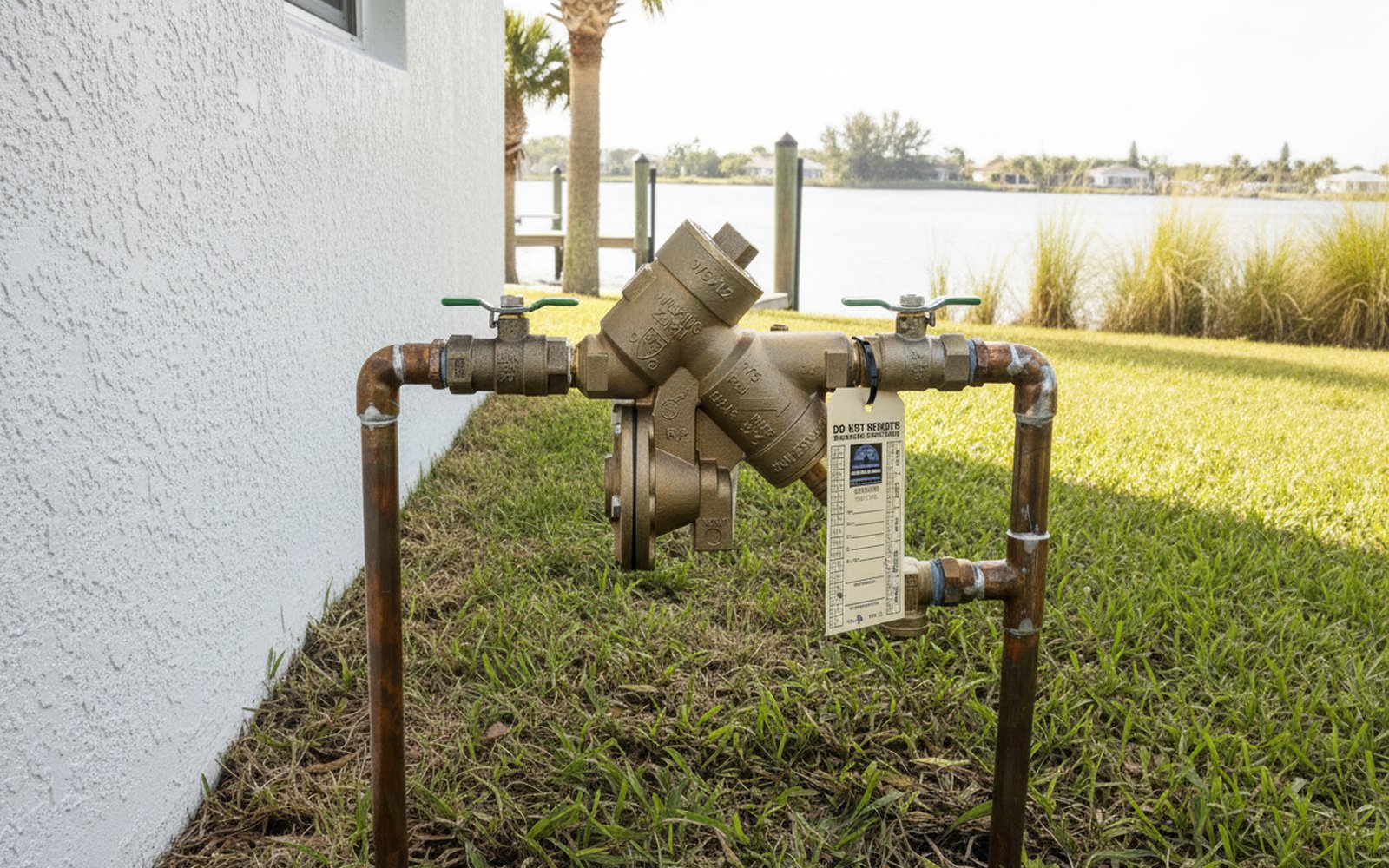 Brass backflow preventer at an Englewood, FL waterfront home with dock and palms in the background.