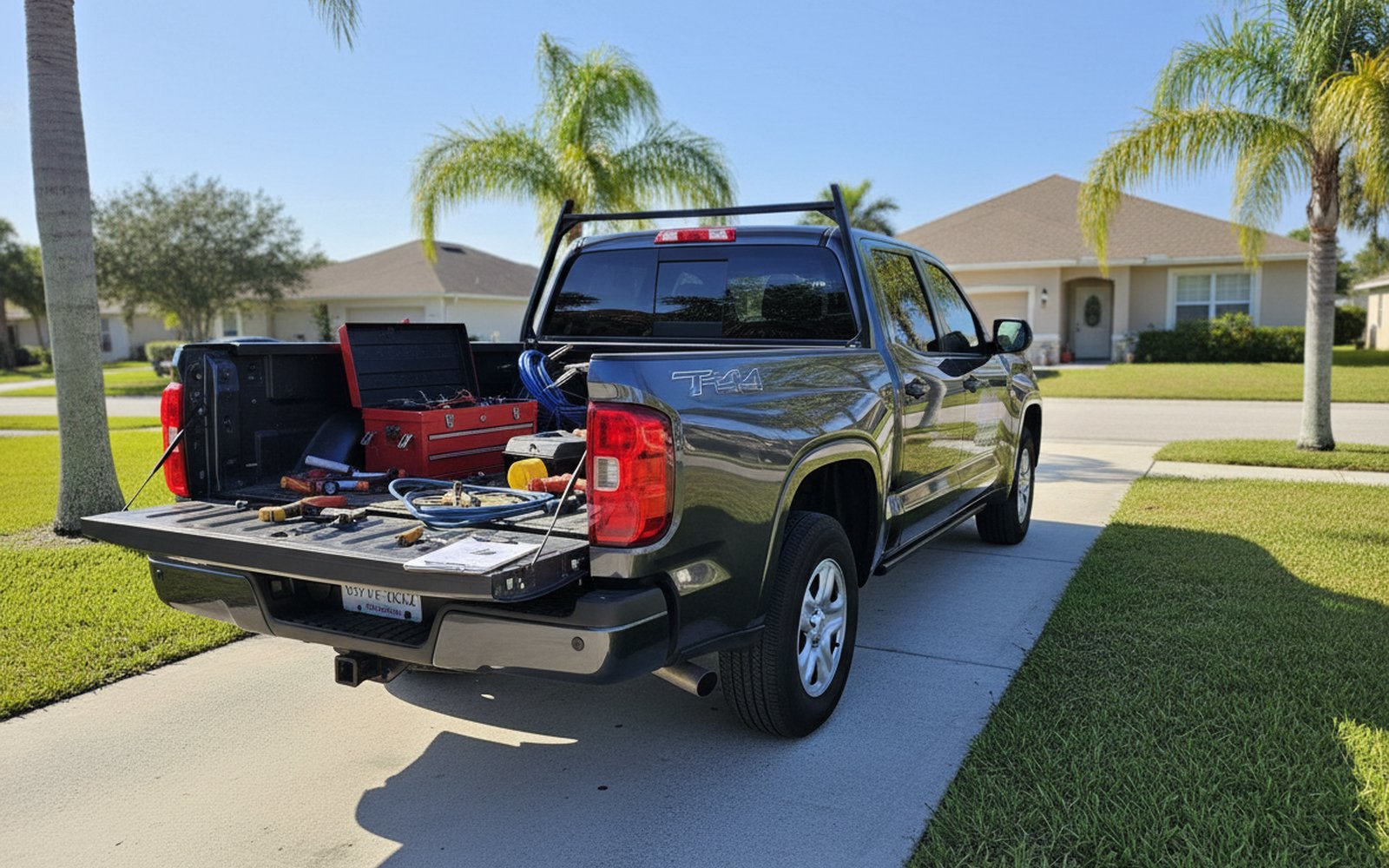 A Plus Backflow Testing service truck parked in a North Port, FL residential driveway.
