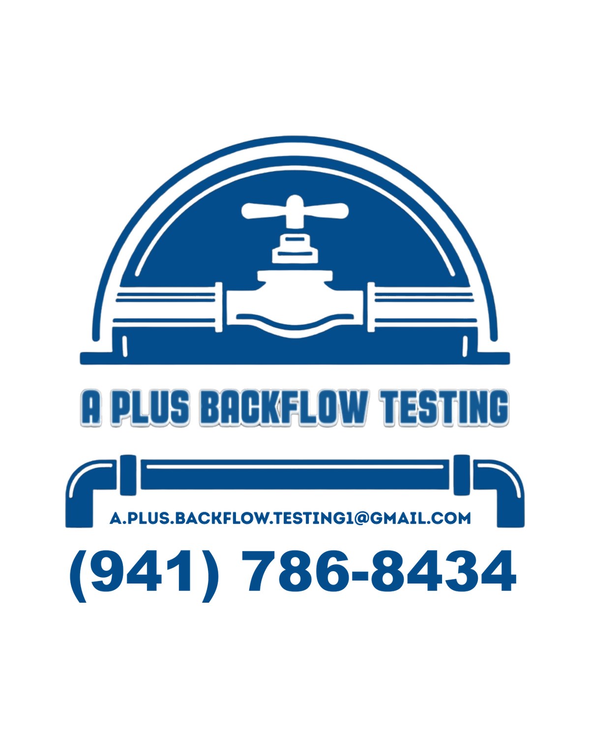 A Plus Backflow Testing logo. Certified backflow testing in North Port and Englewood, FL. Call (941) 786-8434.