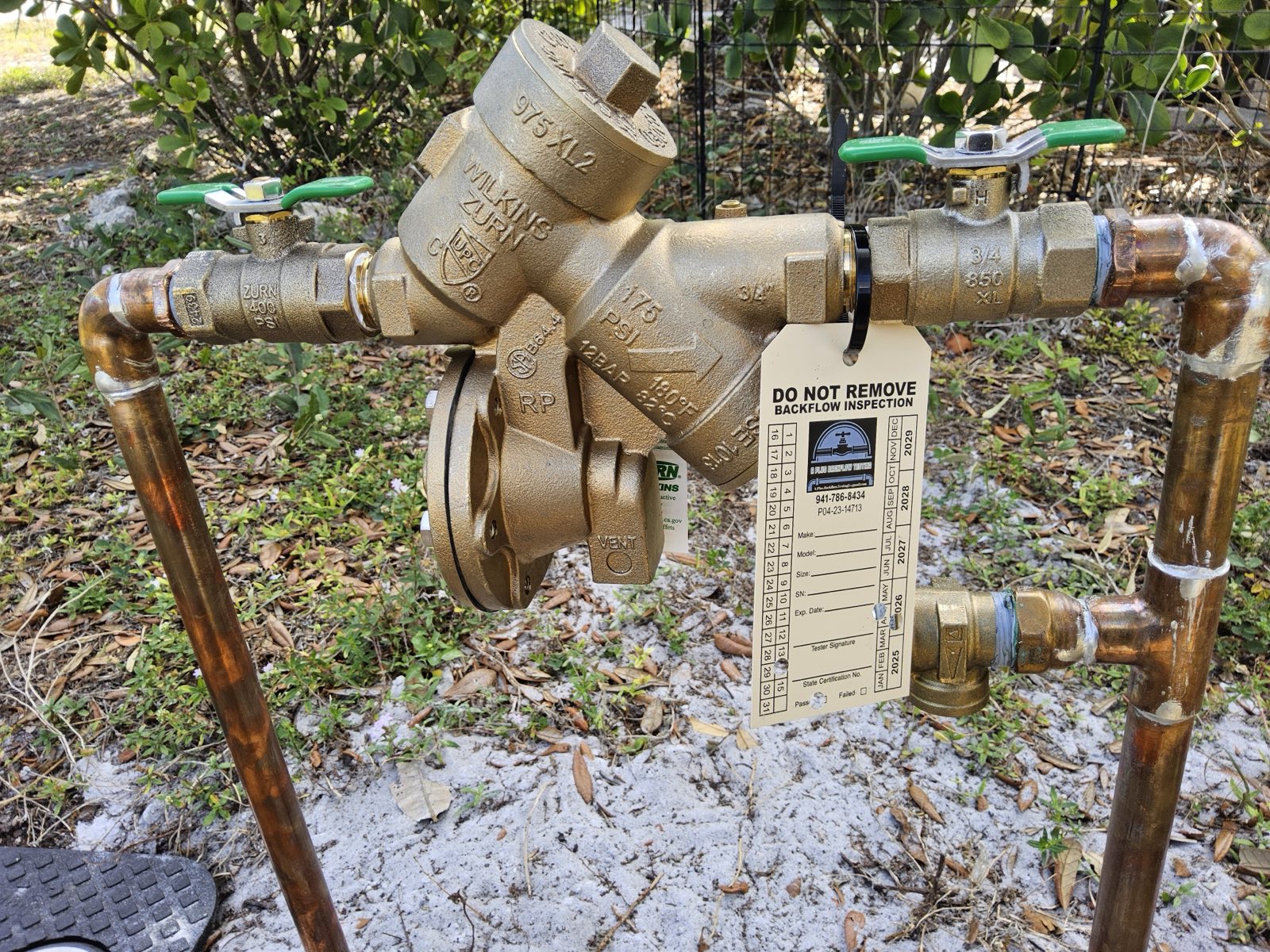 Wilkins 975XL reduced-pressure backflow assembly mounted on exterior wall.